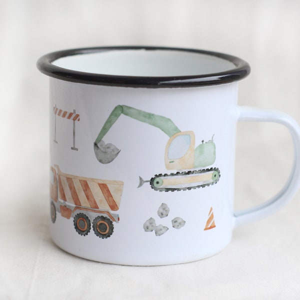 Emaille Tasse Baustelle | Becher | Kinderbecher | Kinder | Bagger | Fahrzeuge | Laster | Kran | Aquarell | Wasserfarbe || HERZ & PAPIER