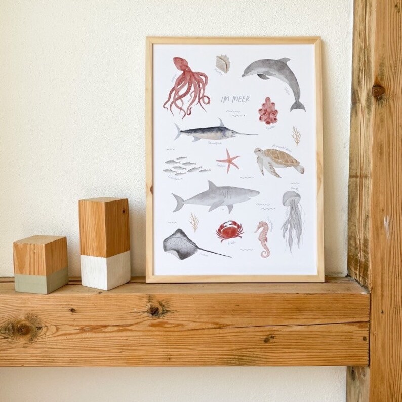 Cartel "En el mar" - Animales marinos | Imprimir | habitación infantil | | Art Print A3 | de pescado | de medusas Niños | Naturaleza | Ilustración || CORAZÓN Y PAPEL imagen 3
