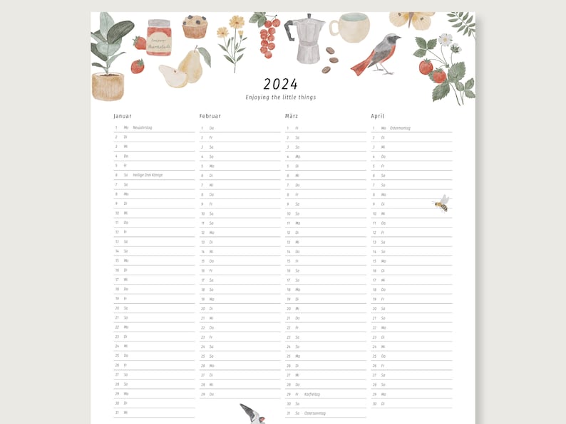 Annual calendar 2024 annual overview Wall calendar Long annual planner with holidays HERZundPAPIER image 6