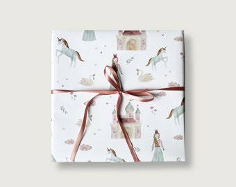 Papel de regalo "Princesa" | Din A2 |  Niños | Chica | Unicornio | Castillo | cumpleaños | Ilustración || CORAZÓN Y PAPEL