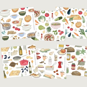 Pode incluir: Uma coleção de ilustrações em aquarela com várias categorias de alimentos. As imagens incluem sopas, saladas, vegetais, pratos principais e sobremesas. Cada imagem é preenchida com desenhos detalhados de ingredientes e pratos, com rótulos de texto em alemão.