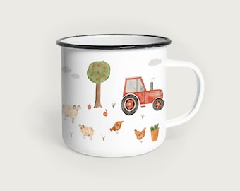 Tazza smaltata fattoria | Tazza | Tazza per bambini | Mucca | Trattore | Bulldog | Acquerello | Acquarello || CUORE E CARTA