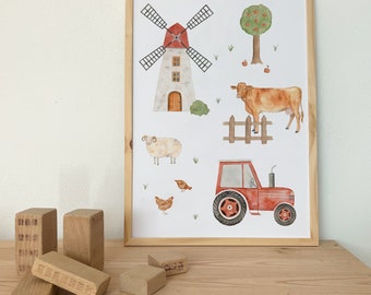 Poster Farm A3 | Print | Children's poster | Art print | Children's room | child | Baby | Illustration | Vehicles | Excavator || HEART & PAPER