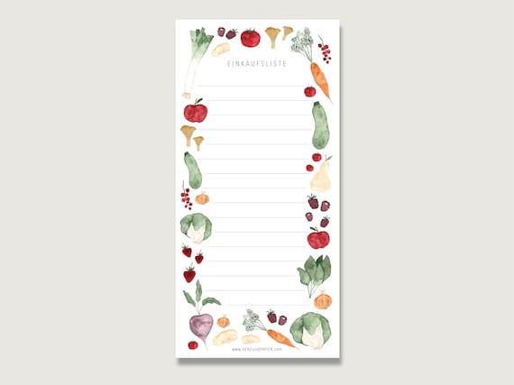Einkaufsliste "Obst und Gemüse" Block_03 | 50 Blatt | Din Lang | Block | Liste | Aquarell Illustration | To do || HERZ & PAPIER