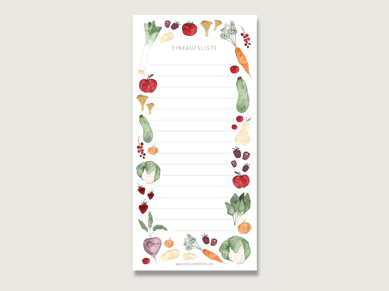Puede incluir: Un bloc de notas de lista de la compra blanco con un borde de ilustraciones de acuarela de varias frutas y verduras, incluyendo manzanas, peras, zanahorias, puerros y fresas. El texto "Einkaufsliste" est&aacute; impreso en la parte superior del bloc de notas.