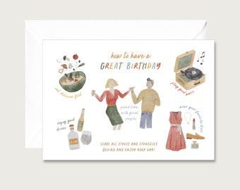 Birthday card "how to have a great birthday" G_33 - folding card | Watercolor | Illustration | funny | Neutral || HEART & PAPER