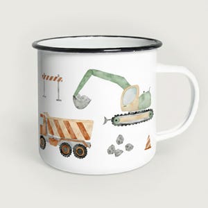 Emaille Tasse Baustelle | Becher | Kinderbecher | Kinder | Bagger | Fahrzeuge | Laster | Kran | Aquarell | Wasserfarbe || HERZ & PAPIER