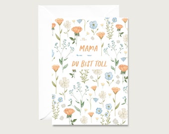 Kaart "Mam, je bent geweldig - Abrikoos" M_03 - vouwkaart | Waterverf | Illustratie | Belettering | Moederdag | geweldig | Bloemen || HART & PAPIER