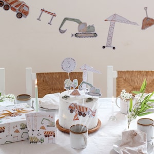Grote "Bouwplaats" feestset | Feestdecoratieset voor kinderfeestjes, themafeesten, taarttoppers, slingers, uitnodigingen, inpakpapier | HART en PAPIER