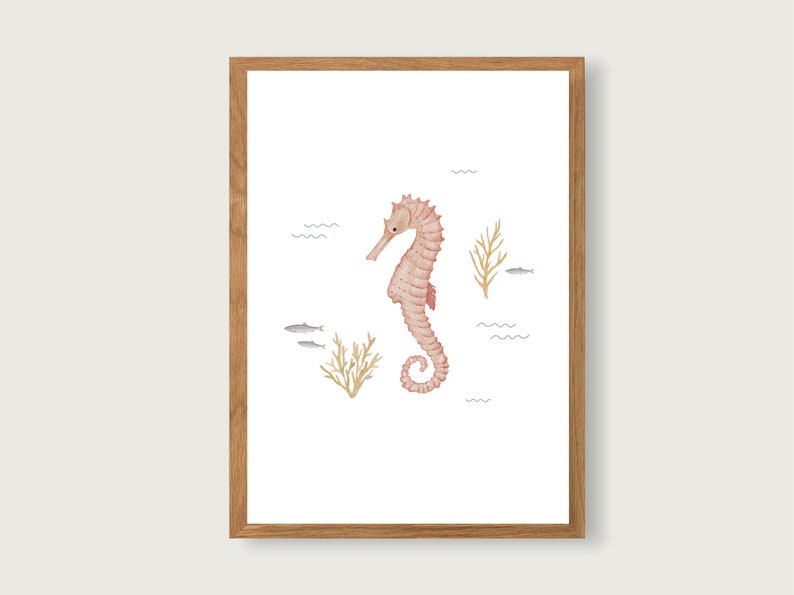 Puede incluir: Una ilustraci&oacute;n acuarela enmarcada de un caballito de mar rosa sobre un fondo blanco. El caballito de mar est&aacute; rodeado de peque&ntilde;os peces grises y algas marrones.
