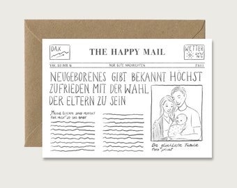 Birth Card "News" B_19 - Folding Card | Watercolor | Illustration | Funny | Newspaper | Baby | Neutral || HEART & PAPER