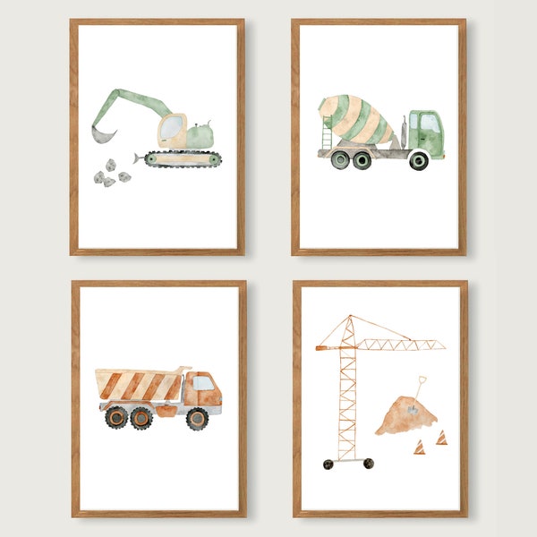 Set di poster Cantiere A4 | Stampa | Poster per bambini | Cameretta per bambini | bambino | Bambino | Illustrazione | escavatore | ribaltabile | Veicoli || CUORE E CARTA