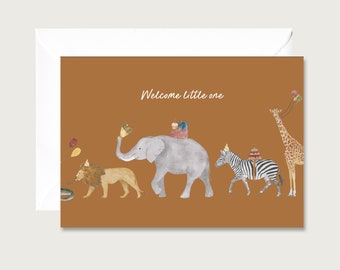 Biglietto di auguri di nascita "Safari" B_15 | Benvenuto piccolo | biglietto pieghevole | acquerello | Illustrazione | Animali | Bambino| Neutro || CUORE E CARTA