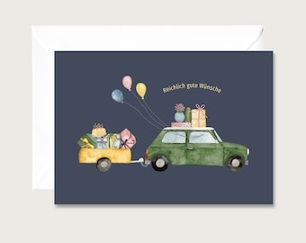 Birthday card "Rich" G_35 - folding card for a birthday | Illustration | Party | birthday party | celebration | Car || HEART & PAPER