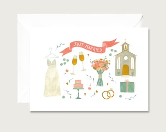 Carte de mariage "Collage" H_12 - carte pliante pour le mariage | Illustration | Gouache | Église | Cérémonie de mariage | Robe de mariée || COEUR & PAPIER