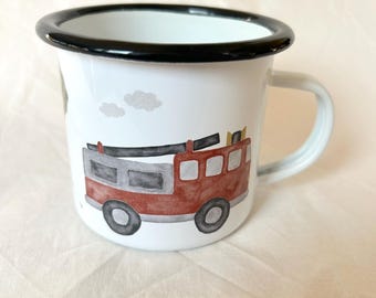 Enamel mug fire department | Mug | Children's mug | Fire engine | Fireman | Watercolor | Water color || HEART & PAPER