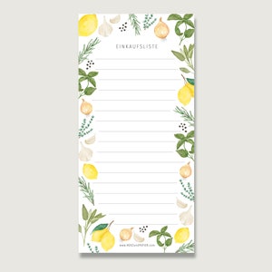 Può includere: Un blocco note rettangolare bianco con pagine a righe, bordato da illustrazioni ad acquerello di limoni, aglio, cipolle, erbe aromatiche e grani di pepe. Il testo tedesco "EINKAUFLISTE" è in alto.