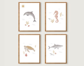Poster Set of Sea Animals A4 | Print | Children's poster | Children's room | child | Illustration | Fish | Animals | shark | turtle || HEART & PAPER