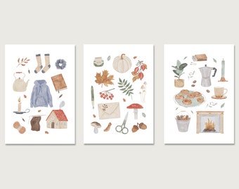 Set of 3 postcards "Collage"| autumn | coffee| autumn | summer | Slow living | hedge | Watercolor | Illustration || HEART & PAPER