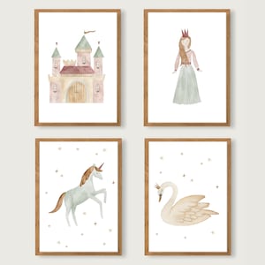 Poster Set Princess A4 | Print | Children's poster | Nursery | Child | Baby | Illustration | Swan | Unicorn | Castle || HEART & PAPER