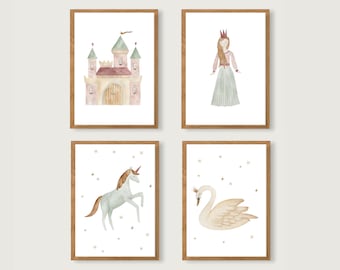 Poster Set Princess A4 | Print | Children's poster | Nursery | Child | Baby | Illustration | Swan | Unicorn | Castle || HEART & PAPER