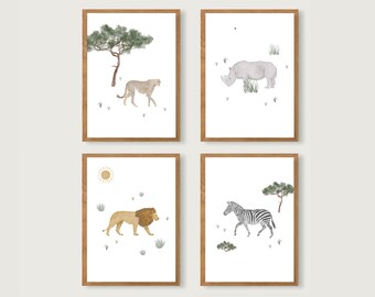 Poster Set of Africa Animals A4 | Print | Children's poster | Children's room | child | Illustration | Safari | Animals | lion | Cheetah || HEART & PAPER