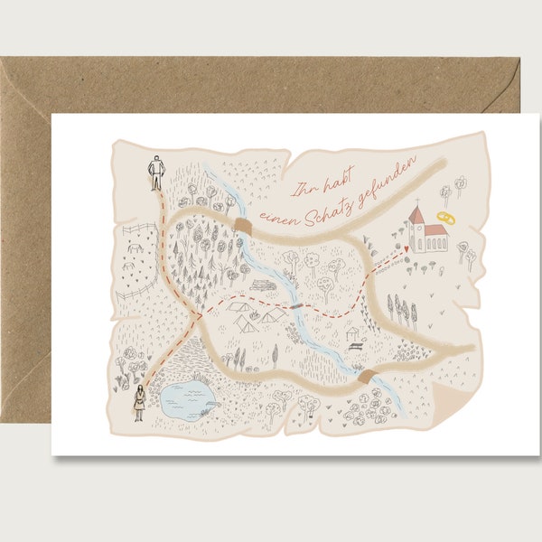 Wedding card "Treasure Map" H_16 - folding card for the wedding | Illustration | Gouache | Church | Wedding ceremony | Wedding dress || HEART & PAPER