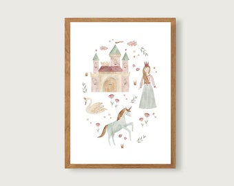 Poster Princess A3 | Print | Children's poster | Art print | Children's room | Child | Baby | Illustration | Castle | Unicorn || HERZ & PAPIER