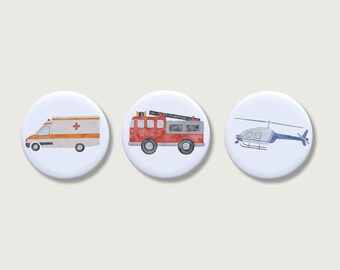 Set of 3 "Vehicles" Magnets | Magnets for children | Emergency vehicles | Police | Fire department | Button | Boys | Boys || HEART & PAPER