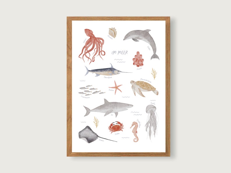 Cartel "En el mar" - Animales marinos | Imprimir | habitación infantil | | Art Print A3 | de pescado | de medusas Niños | Naturaleza | Ilustración || CORAZÓN Y PAPEL imagen 1