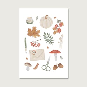 Postal | "Collage de susurros de otoño" P_62 | Acuarela | Acuarela | Ilustración | Naturaleza | Calabaza | hojas | acogedor || CORAZÓN Y PAPEL
