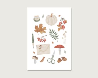 Postcard | "Autumn whispers collage" P_62 | Watercolor | Watercolor | Illustration | Nature | Pumpkin | leaves | cozy || HEART & PAPER