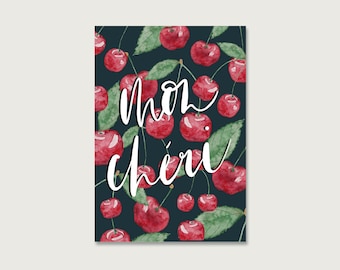Postcard "Mon Cheri" P_46 | cherry | Love | Love | Valentine | Lettering | Watercolor | Illustration | branches | Floral || HEART & PAPER