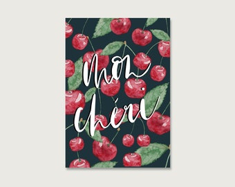 Postcard "Mon Cheri" P_46 | Cherry | Love | Valentine | Lettering | Watercolor | Illustration | Branches | Floral || HEART & PAPER