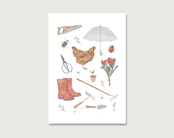 Postcard "Garden Collage" P_72 | Decoration | Sun | Flowers | Garden | Spring | Chickens | Gardening || HEART & PAPER