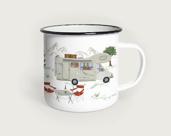 Enamel Camping Mug - Hand-illustrated mug with motorhome, caravan and roof tent for campers by HERZ & PAPIER