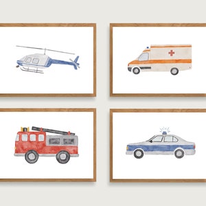 Set de carteles vehículos de emergencia A4 | Cartel infantil | Habitación infantil | niño | Ilustración | Policía | Departamento de bomberos | Vehículos || CORAZÓN Y PAPEL