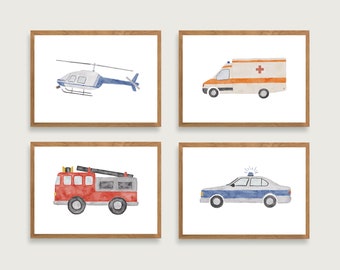 Poster Set Rettungsfahrzeuge A4 | Kinderposter | Kinderzimmer | Kind | Illustration | Polizei | Feuerwehr | Fahrzeuge || HERZ & PAPIER