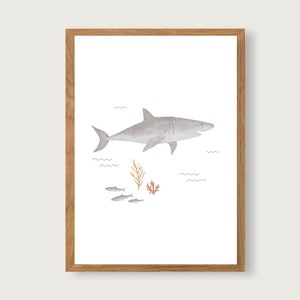 Puede incluir: Una ilustraci&oacute;n de acuarela de un tibur&oacute;n gris nadando en el oc&eacute;ano. El tibur&oacute;n est&aacute; rodeado de peces peque&ntilde;os y algas marinas. La ilustraci&oacute;n est&aacute; enmarcada en un marco de madera marr&oacute;n claro.