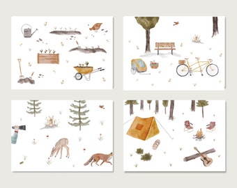 Postkarten 4er-Set "Natur Erleben"|  Collage | Zelten | Camping | Fahrrad | Garten | Aquarell | Wasserfarbe | Illustration || HERZ & PAPIER