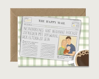 Birth Card "News" B_19 - Folding Card | Watercolor | Illustration | Funny | Newspaper | Baby | Neutral || HEART & PAPER