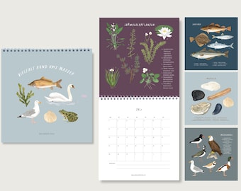 Kalender 2024 - Vielfalt rund ums Wasser | Monatskalender | Wandkalender | Meer | Gewässer | Wasser | Natur | Illustration|| HERZ & PAPIER