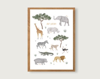 Poster "On Safari" - African animals |  Children's room | Art Print A3 | Africa | Lion | Cheetah | Children | Nature | Illustration || HEART & PAPER