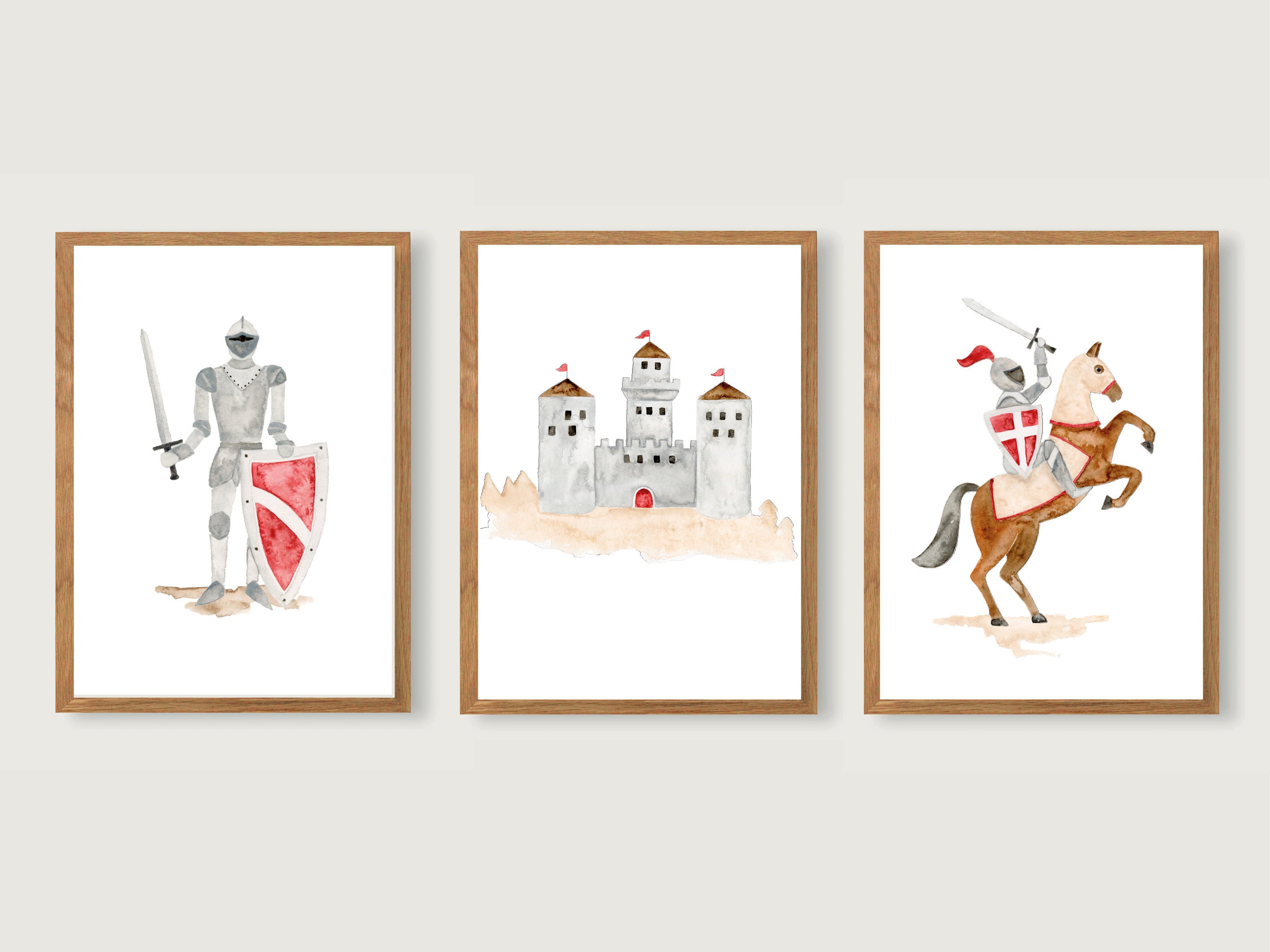 Custom Name Print, Medieval Digital Print, Knight and Castle Set of 3,  Personalized Nursery Wall Art, Kids Room Decor 