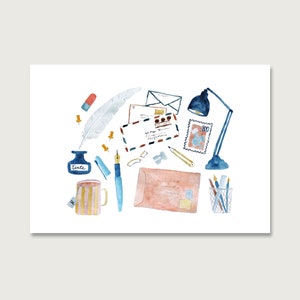 Postal | "Escribe de nuevo" P_39 | Acuarela | Acuarela | Ilustración | carta | Oficina | Escribe una carta || CORAZÓN Y PAPEL