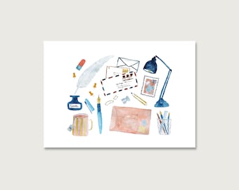 Postcard | "Write again" P_39 | Watercolor | Water color | Illustration | Letter | Office | Write a letter || HEART & PAPER