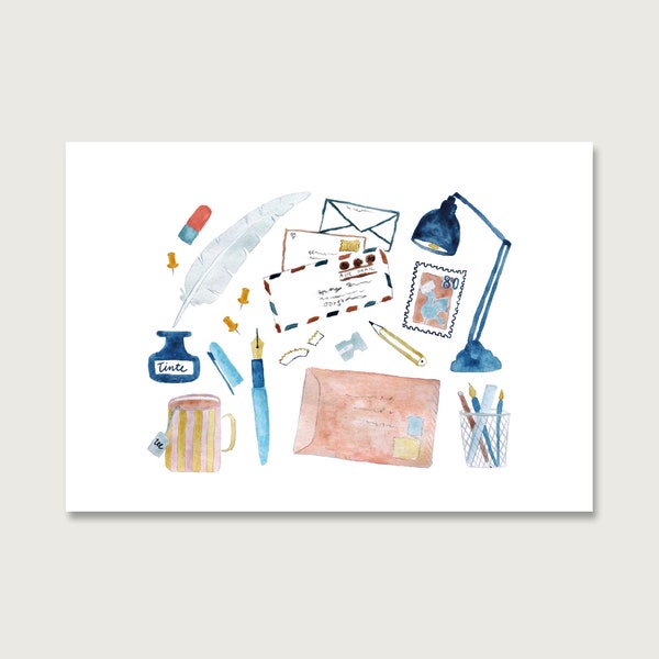 Postkarte | "Schreib mal wieder" P_39 | Aquarell | Wasserfarbe | Illustration | Brief | Büro | Brief schreiben || HERZ & PAPIER