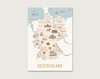 Cartolina "Germania" P_61 | per bambini | Decorazione della stanza dei bambini | Mappa della Germania | Auguri di vacanze | Illustrazione |  || CUORE E CARTA