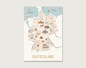 Postkarte "Deutschland" P_61 | für Kinder | Kinderzimmerdeko | Deutschlandkarte | Urlaubsgrüße | Illustration |  || HERZ & PAPIER