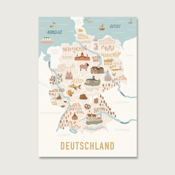 Postkarte "Deutschland" P_61 | für Kinder | Kinderzimmerdeko | Deutschlandkarte | Urlaubsgrüße | Illustration |  || HERZ & PAPIER